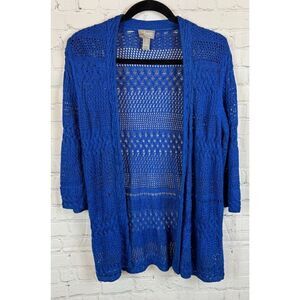CHICO'S TRAVELERS royal blue cotton blend knit open front cardigan sweater 1 M